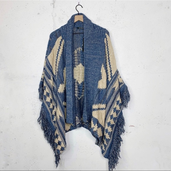 Lauren Ralph Lauren Vintage Aztec Knitted Wool Linen Blend Poncho Shawl Cardigan - Picture 1 of 16
